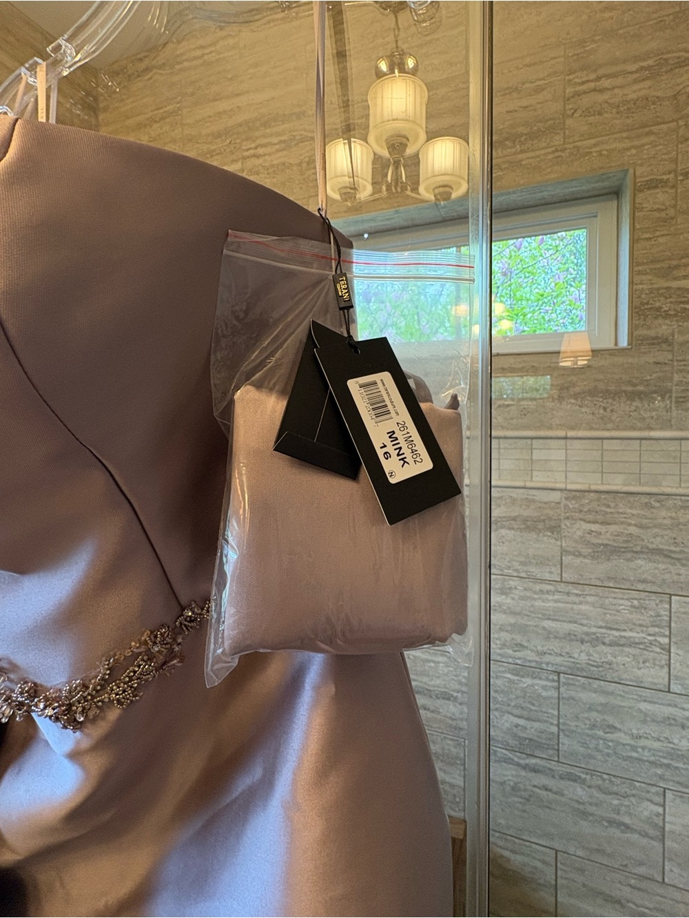 Terani Couture Champagne Satin Mermaid Gown with Draped Capelet Detail - Picture 6 of 9